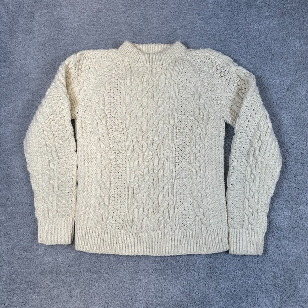 VTG‎ Hand Knit Fisherman Sweater Ivory Cable Knit Wool Blend Chunky Pullover M/L